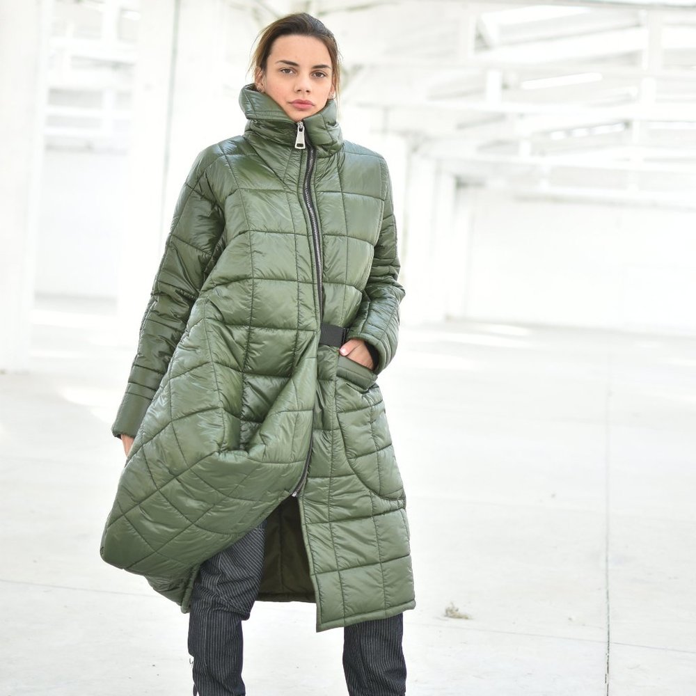 Green Puffer Jacket, Long Quilted Coat, Oversized High Neck Winter Jacket for Wo